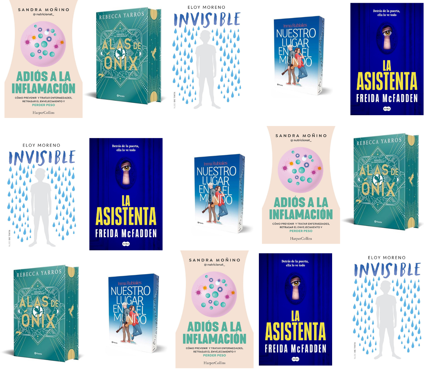 Portada con las 5 libros más comentados de 2025 en Amazon España, incluyendo Alas de ónix, Invisible, La asistenta, Nuestro lugar en el mundo y Adiós a la inflamación