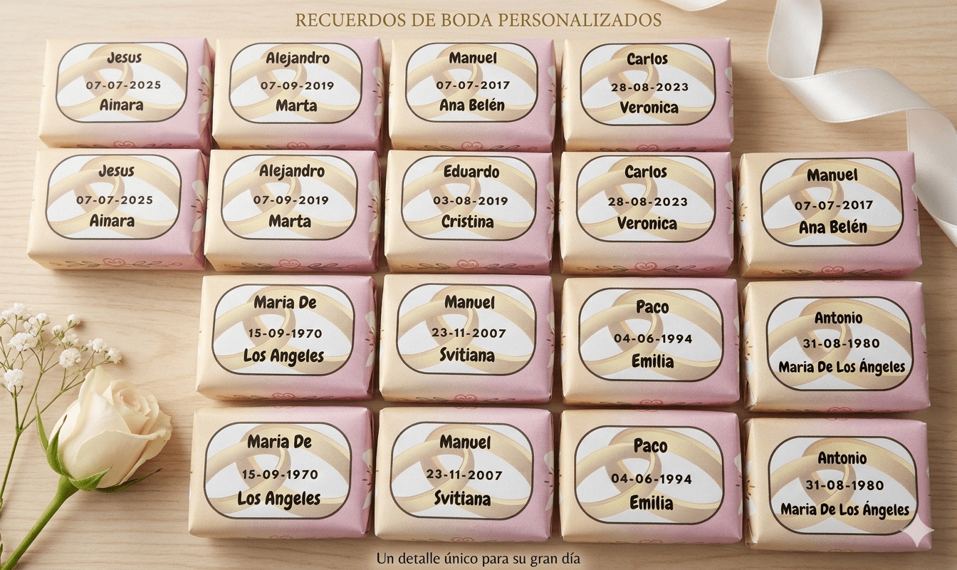 Jabones artesanales para bodas personalizados con etiquetas de nombres y fechas.